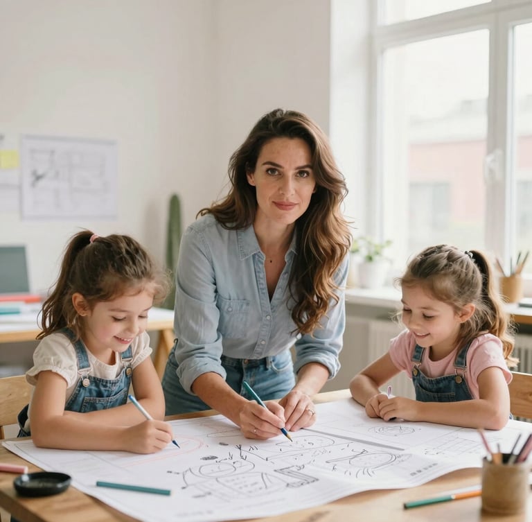 Warm editorial portrait of a confident woman architect working at a large wooden table covered in blue prints, her two daughters drawing happily beside her in a bright, daylight-filled studio, soft vibrant tones
