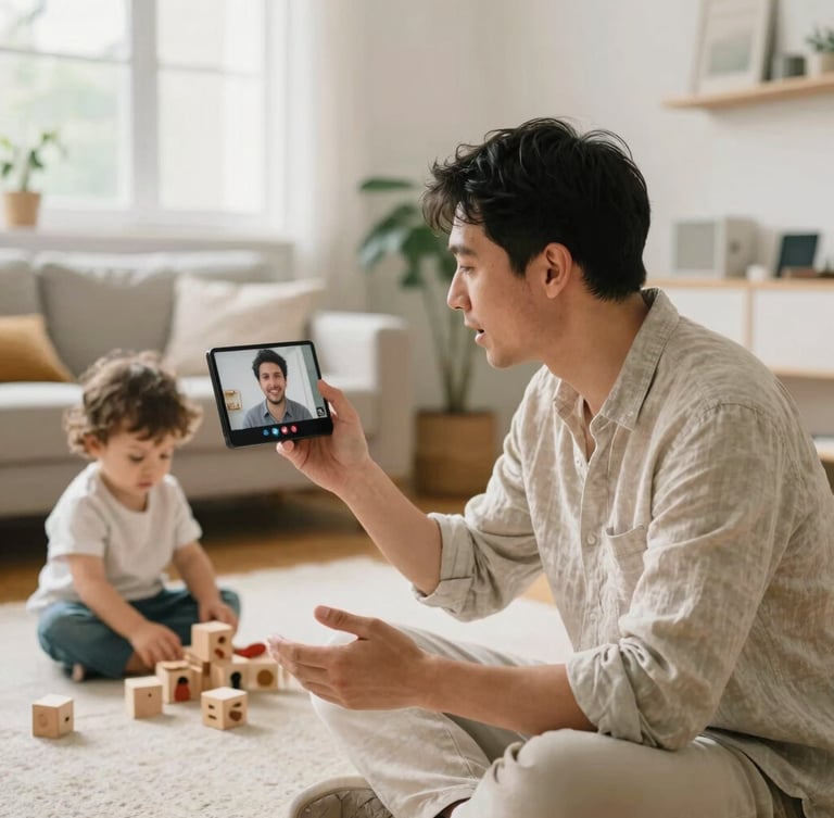 A focused father wearing a linen shirt, speaking on a video call in a beautifully lit home office, a toddler playing with wooden blocks on the rug nearby, warm editorial style, 35mm look.