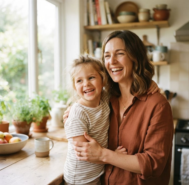Warm daylight-filled medium portrait of a confident single mother laughing with her young daughter in their bright, sunlit kitchen, 35mm film look, shallow depth of field