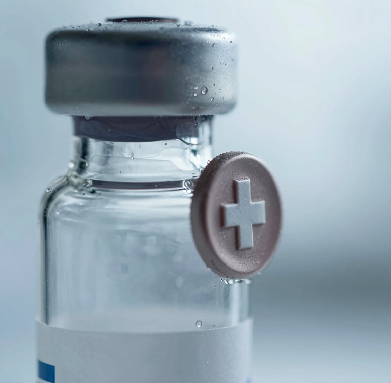 Macro close-up of a sterile pharmaceutical glass vial, cool diffused clinical daylight, sharp focus on the Swiss laboratory seal.