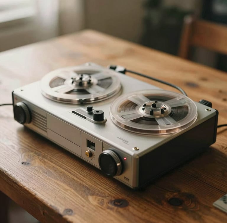 A vintage reel-to-reel tape recorder resting on a rustic wooden table, warm morning light, soft focus, editorial still life.