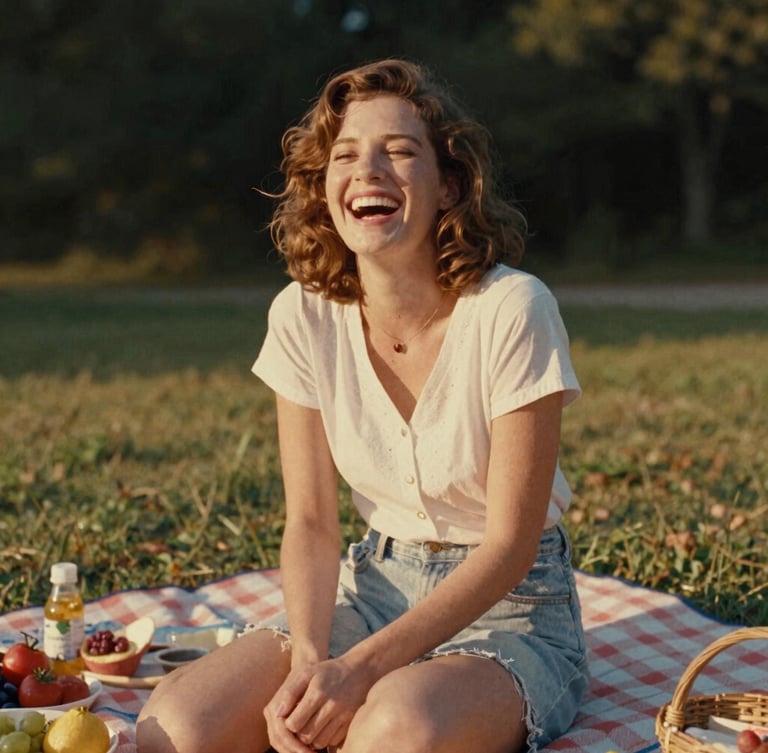 Super 8 vintage camera footage still of a woman laughing during a summer picnic, warm golden tones, nostalgic film aesthetic.