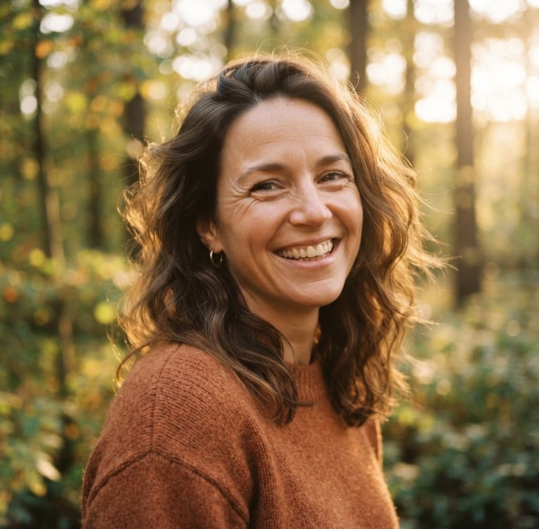 Close-up environmental portrait of a woman with a warm, radiant smile, soft golden hour light filtering through trees, nostalgic film grain, shallow depth of field.