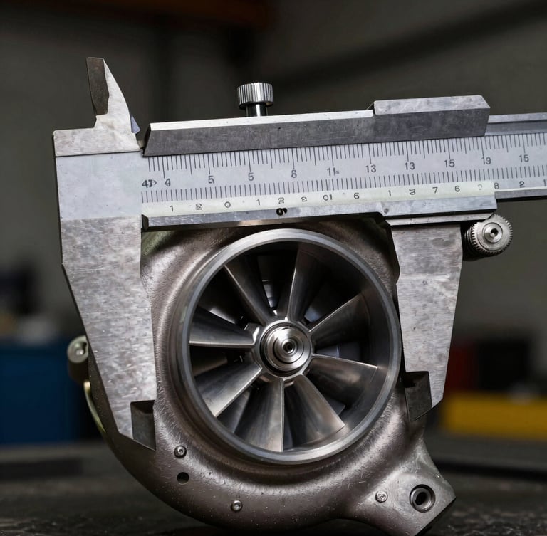 Macro shot of a mechanical caliper measuring a turbocharger compressor wheel, industrial metal textures, sharp focus, dramatic workshop lighting.