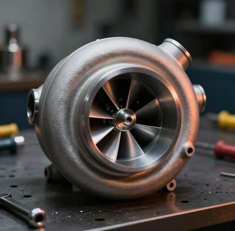 Macro shot of a clean metallic turbocharger turbine wheel on a workbench, professional tools in the background, dramatic side-lighting, orange highlights