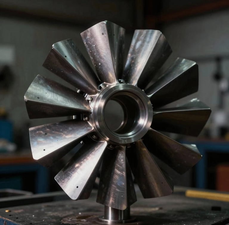 Macro photography of a clean metallic turbocharger rotor shaft, dramatic side-lighting on steel blades, industrial workshop environment.