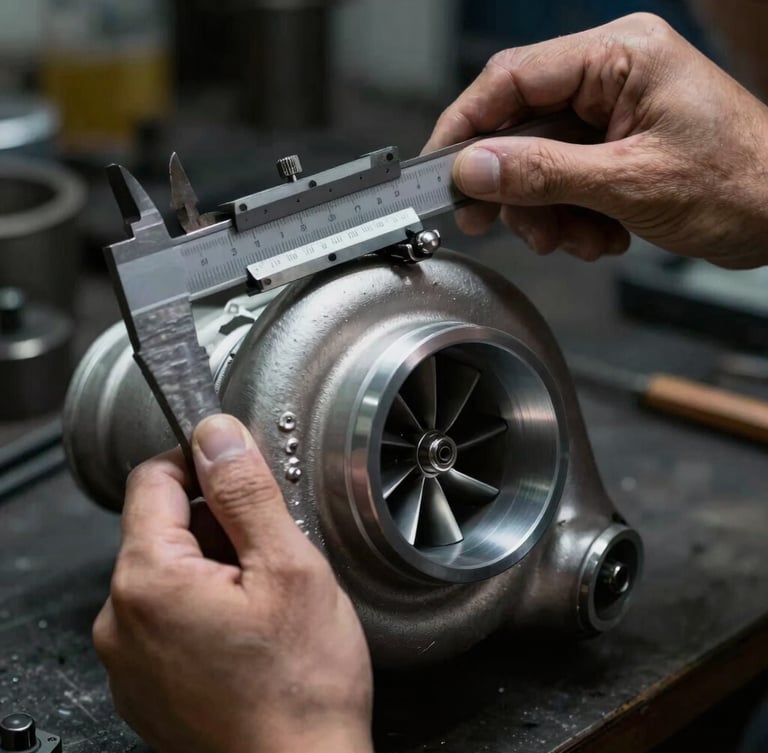 Macro photograph of a master technician's hands using a mechanical caliper to measure a pristine metallic turbocharger compressor wheel, dramatic side-lighting, high contrast, industrial workshop environment