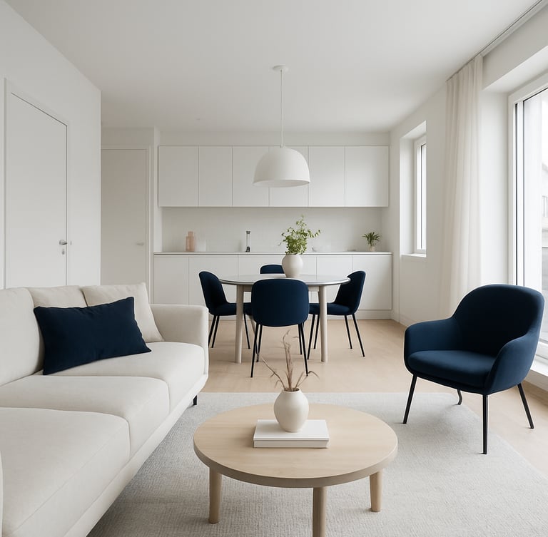 Bright minimalist interior of a modern apartment in Vilnius, clean lines, soft natural overcast daylight, high-end Scandinavian aesthetic with navy accents, wide-angle architectural shot