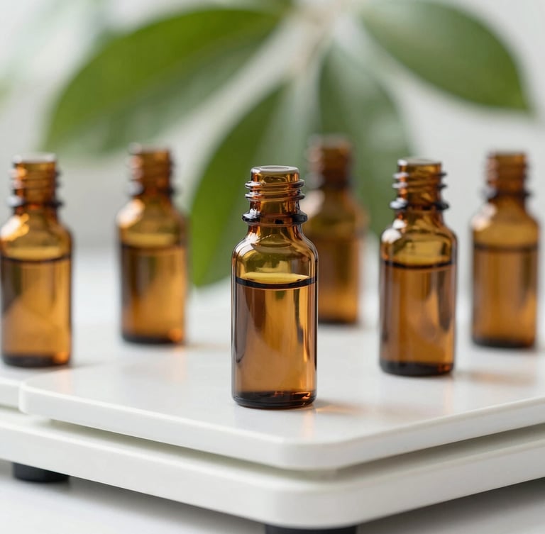 Macro close-up of amber glass apothecary bottles arranged on a clean, white laboratory scale, soft natural daylight, green botanical leaves in the soft-focus background.