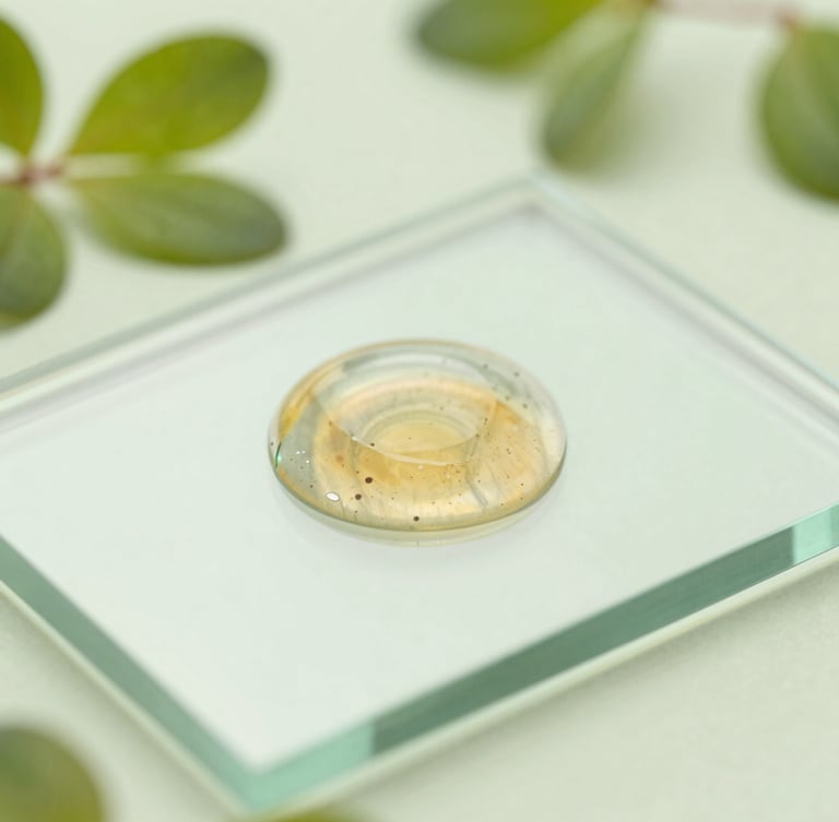 Macro shot of a delicate botanical emulsion droplet on a clean glass slide, bright natural daylight, soft green and amber tones, shallow depth of field