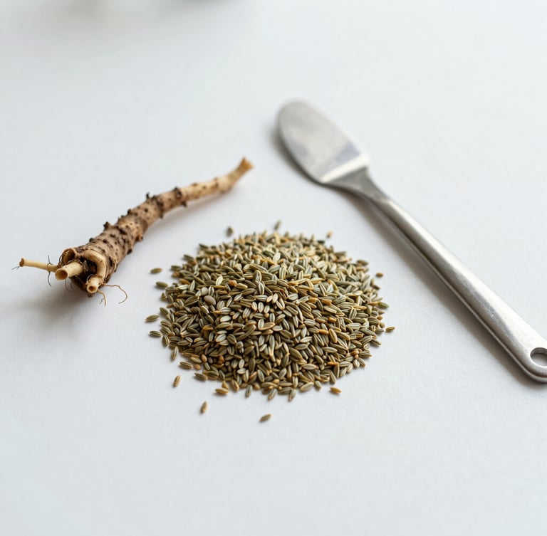 Top-down minimalist shot of raw botanical seeds and roots placed next to a stainless steel laboratory spatula on a sterile white surface, bright diffused daylight.