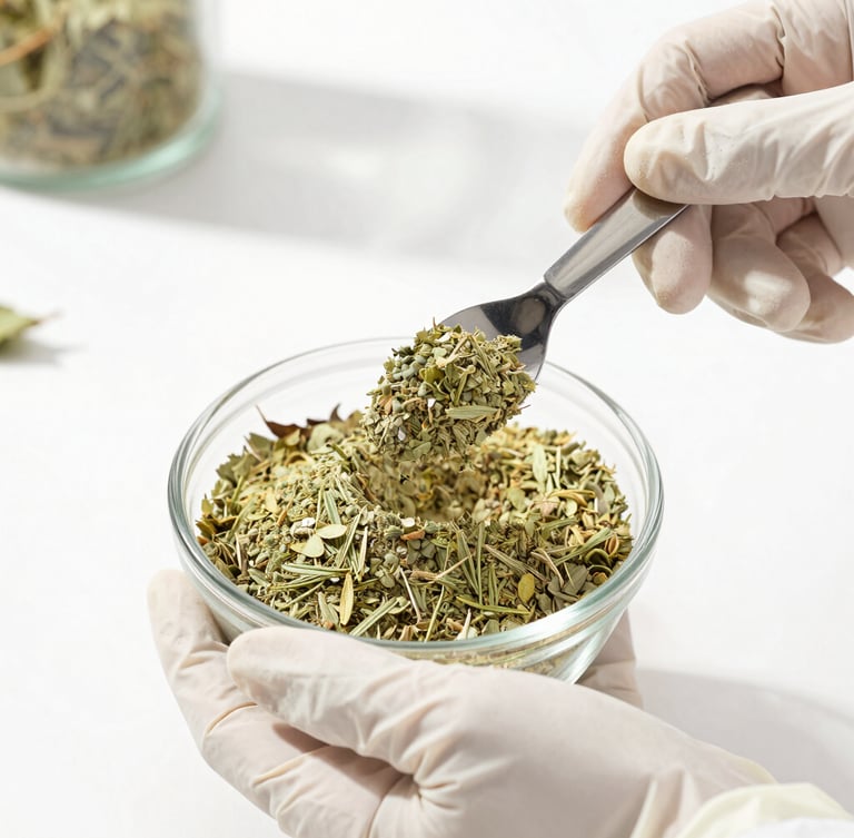 Hands in white laboratory gloves carefully measuring raw botanical powder using a steel spatula, bright natural daylight, clean editorial.