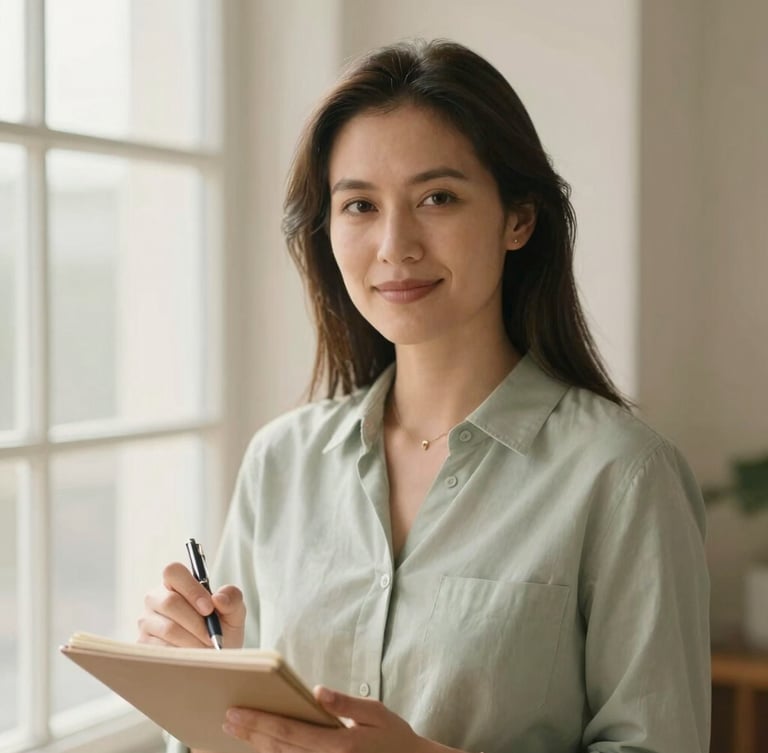 Warm natural portrait of the GlycoAid founder, looking approachable and professional, soft morning window light, muted sage and cream tones, shallow depth of field. She is holding a pen and notebook, making eye contact.