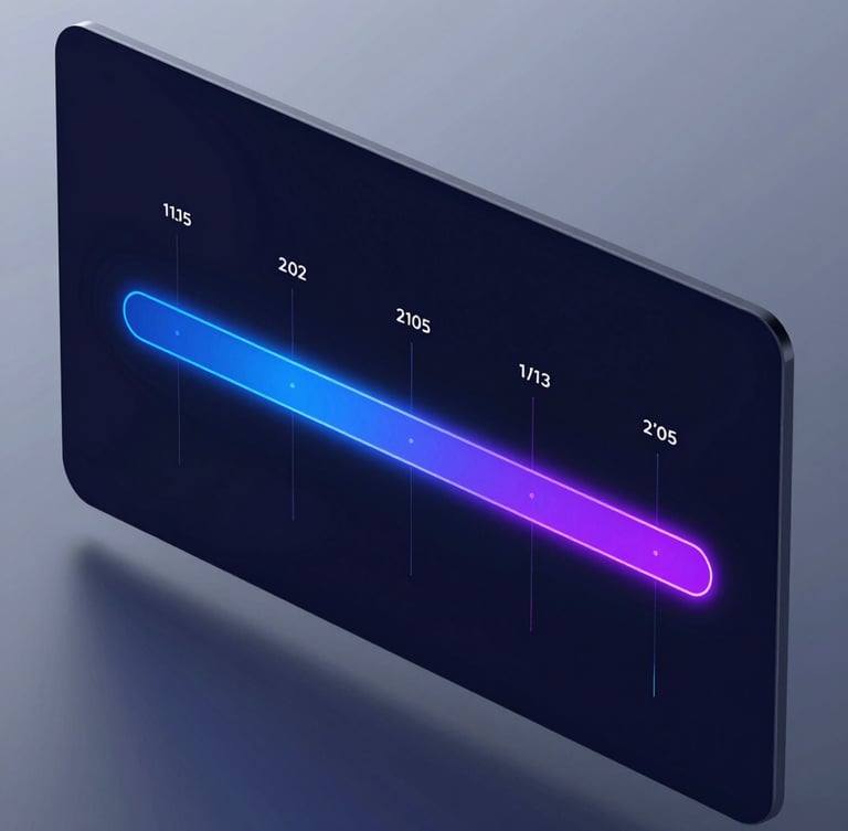 Sleek UI 3d render of the Omega Play timeline interface, dark navy background, vibrant electric blue and purple neon glow, crisp digital detail, isometric perspective showing zero-lag video tracks