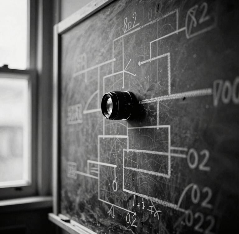 editorial black and white photography, dramatic natural window light, high contrast, grainy film texture, 35mm lens. Close-up of a complex system diagram sketched in chalk on a dark slate board, architectural lines.
