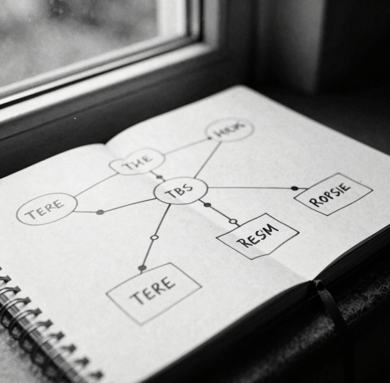 Editorial black and white photography, dramatic natural window light, high contrast, grainy film texture. A close-up of a hand-drawn organizational topology diagram on a white notebook, black ink lines, clean layout, intellectual and raw mood.