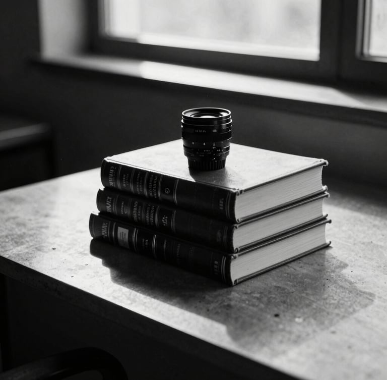 Editorial black and white photography, dramatic natural window light, high contrast, grainy film texture, 35mm lens. A stack of classic leather-bound technical reference books on a minimalist concrete desk, strong shadows.