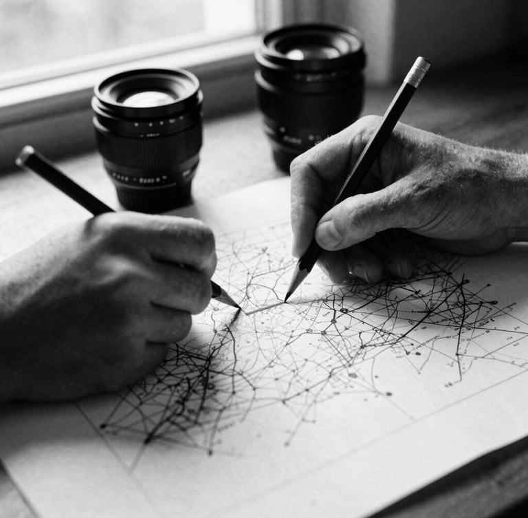 Editorial black and white photography, dramatic natural window light, high contrast, grainy film texture, 35mm lens. Hands marking a structural topology map with a graphite pencil on thick textured paper.