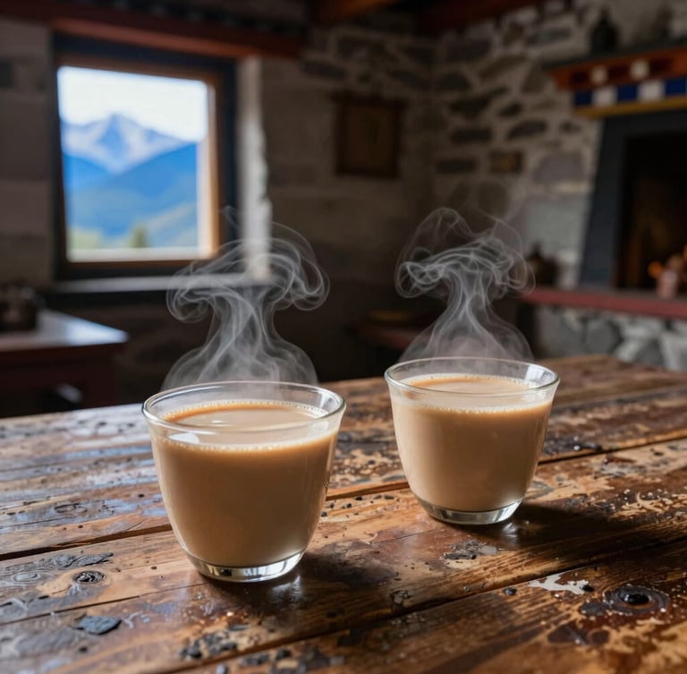 Close-up of steaming cups of butter tea resting on a weathered wooden table inside a stone homestay, soft blue-hour mountain light filtering through a small window.