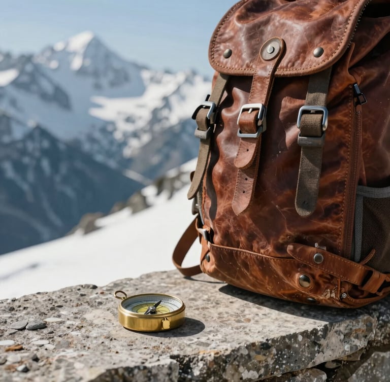 Close-up of weathered leather climbing pack and brass compass resting on a stone ledge, harsh high-altitude sunlight casting deep shadows, immense snow peaks blurred in the far background.