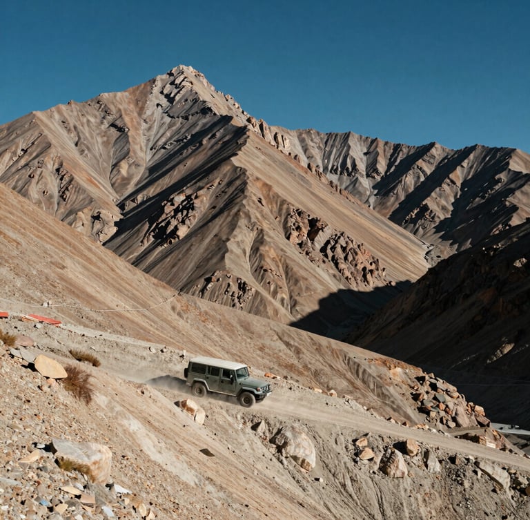 A single rugged 4x4 vehicle crawling along a massive, dusty mountain pass in Ladakh, immense scale of towering dry peaks, harsh high-altitude afternoon light, deep shadows, negative space of expansive blue sky