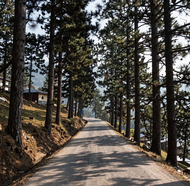 A narrow mountain road winding through towering deodar pines in Kasauli, sharp morning shadows, crisp high-altitude air.