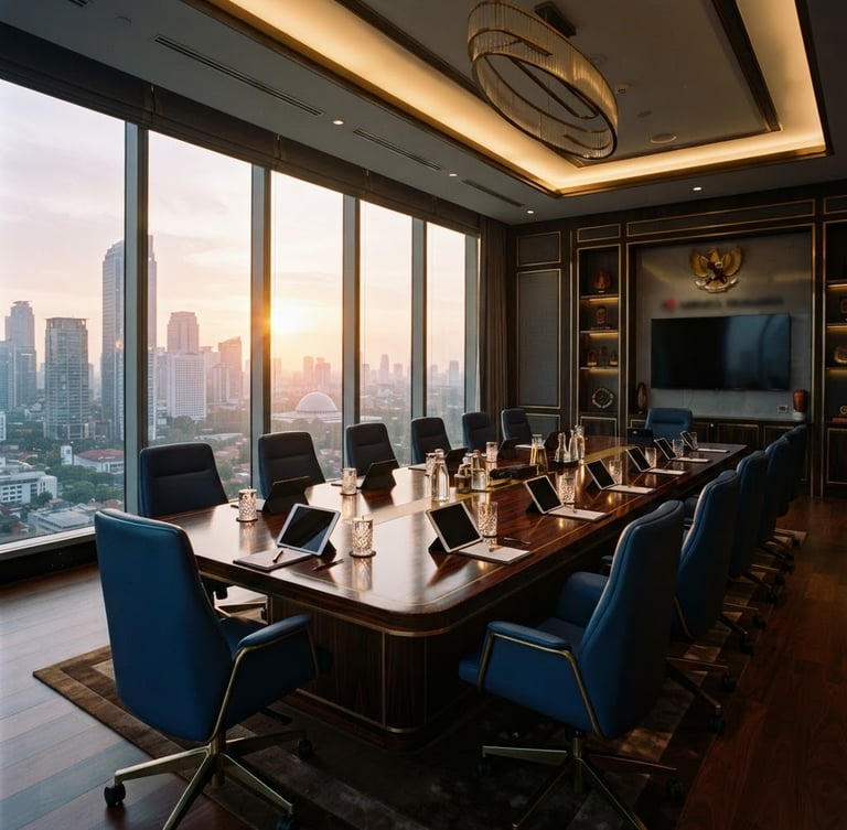 Wide environmental shot of a luxurious modern corporate boardroom in Jakarta, warm golden-hour light streaming through high windows, reflecting on a polished dark wood table, deep blue and gold accents, architectural focus, 35mm