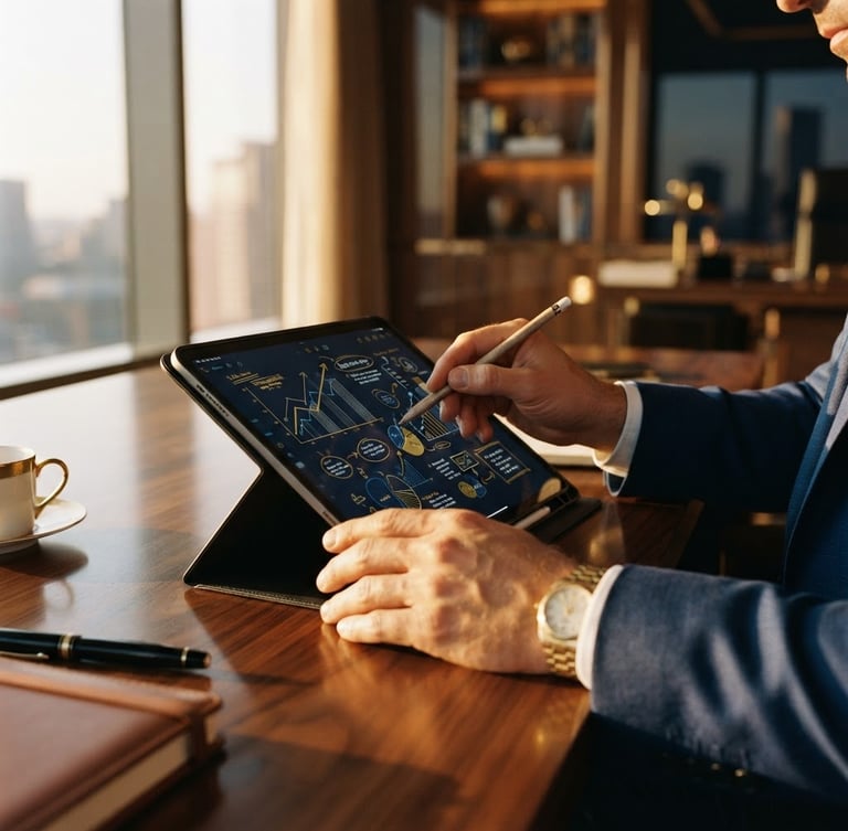 Close-up of executive hands planning on a digital tablet, warm golden-hour window light reflecting on polished wood, luxurious editorial photography, 35mm
