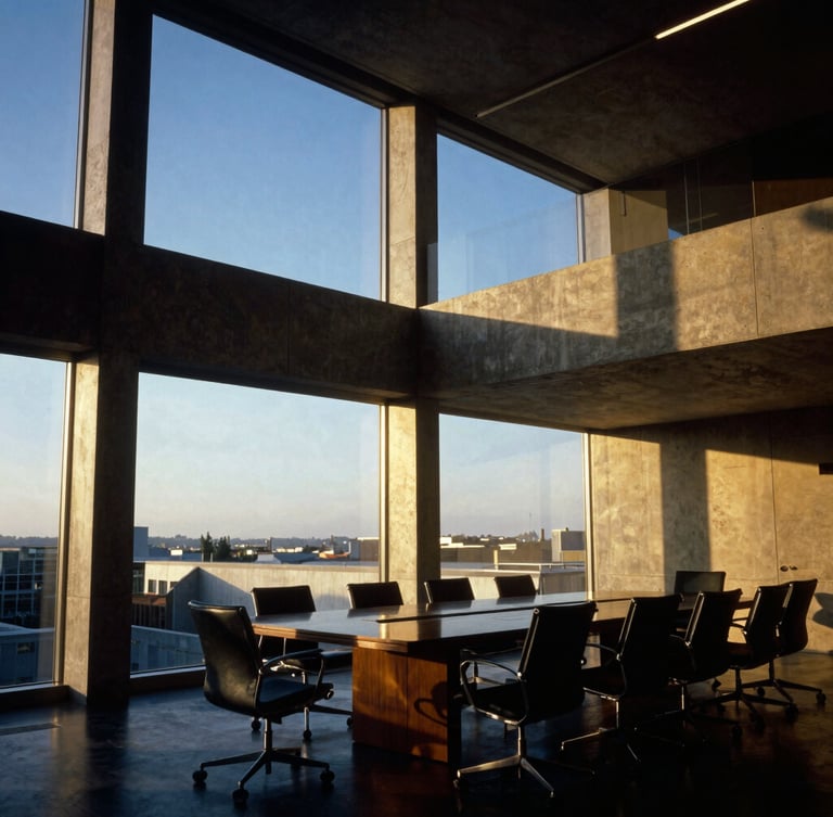 Modern architectural interior of a corporate boardroom, structural concrete lines, warm golden-hour light casting long shadows, luxurious editorial photography, 35mm