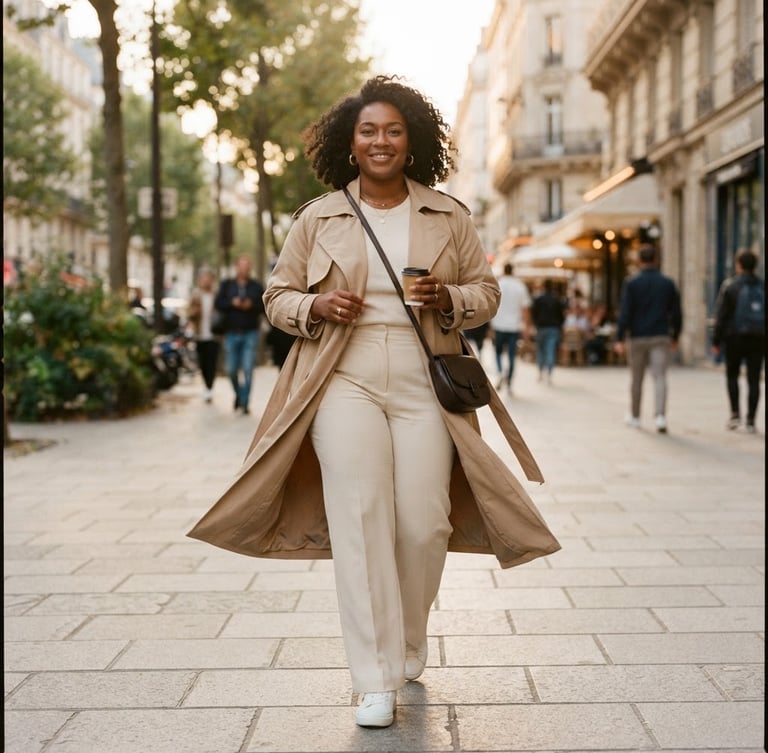 A medium street-style shot of a confident plus-size woman wearing a beautifully draped beige trench coat and cream trousers, soft golden hour lighting, clean city background
