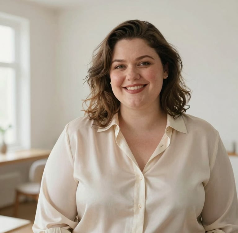 Portrait of a stylish plus-size woman smiling in a bright minimalist apartment, wearing a cream silk blouse, soft diffused natural light