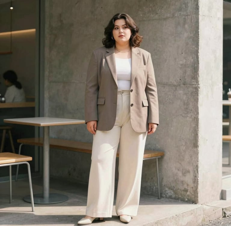 A full-body street-style portrait of a plus-size woman in a tailored taupe blazer and wide-leg cream trousers, standing outside a minimalist concrete cafe in soft morning light.