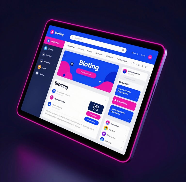 Dynamic Dutch angle screenshot of a vibrant neon-accented blogging dashboard on a dark screen, glowing hot pink and cobalt accents, high-contrast studio lighting