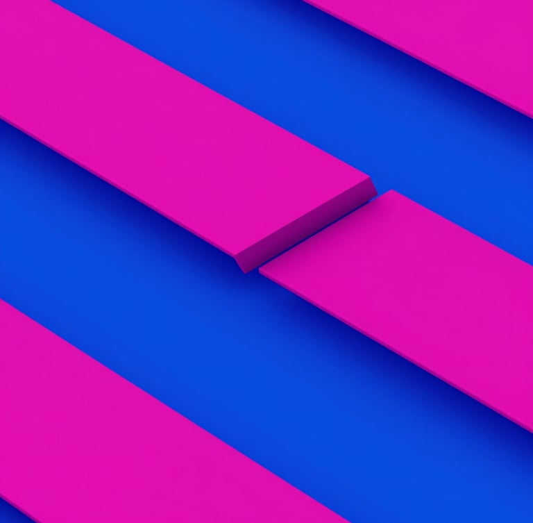 Close-up abstract 3D render of overlapping geometric shapes in electric pink and cobalt blue, high-contrast neon studio lighting, modern tech aesthetic