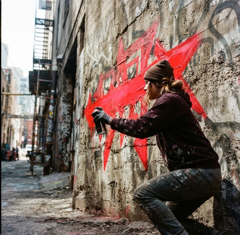 Low angle high contrast street photography, a young graffiti artist spraying a vivid red mural on a textured concrete wall, bright sunlight, raw analog film grain.