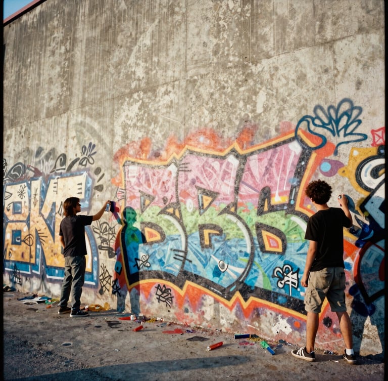 Gritty documentary photo of a large colorful community graffiti mural on a textured concrete wall, young local artists holding spray cans, low angle dynamic shot, warm afternoon sunlight, 35mm film grain