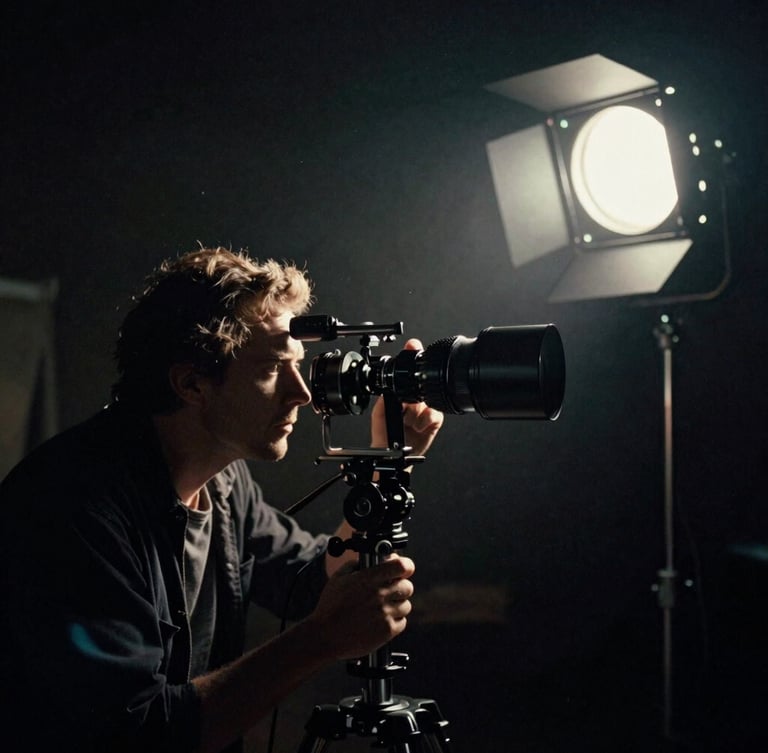 Cinematic wide-angle shot of a director looking through an anamorphic lens on a dark, moody film set, volumetric spotlighting, 35mm film grain
