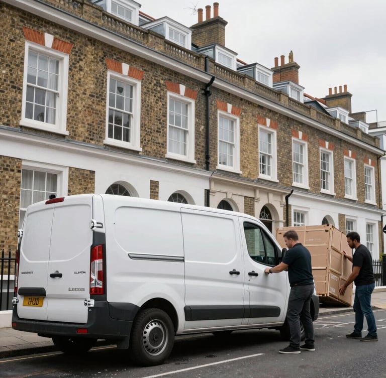 A clean, branded Luton van parked on a historic London street with Victorian brick terraced houses, bright overcast daylight, professional movers securing cargo.