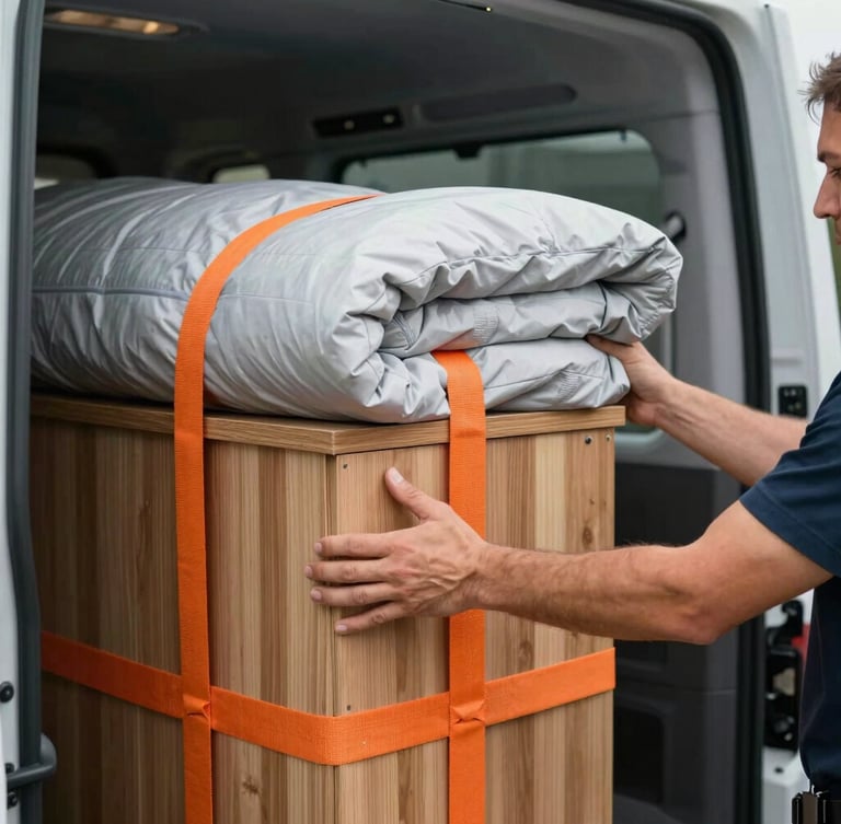 Close-up of a professional mover's hands securing a heavy protective blanket around a wooden cabinet with industrial orange straps inside a transit van.