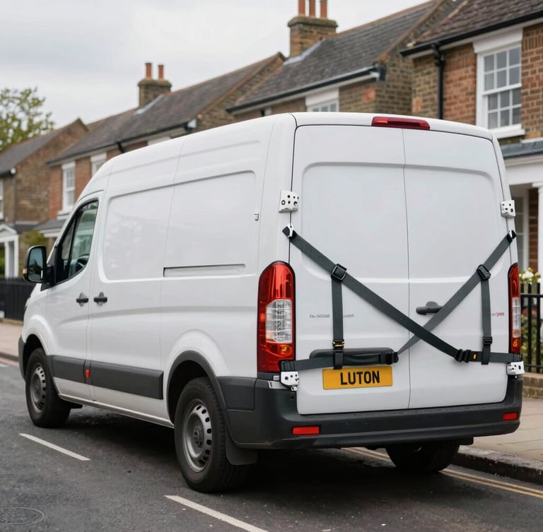 A clean, branded Luton van parked on a residential London street, professional movers in orange-trimmed uniforms securing cargo with heavy-duty straps in bright overcast daylight.
