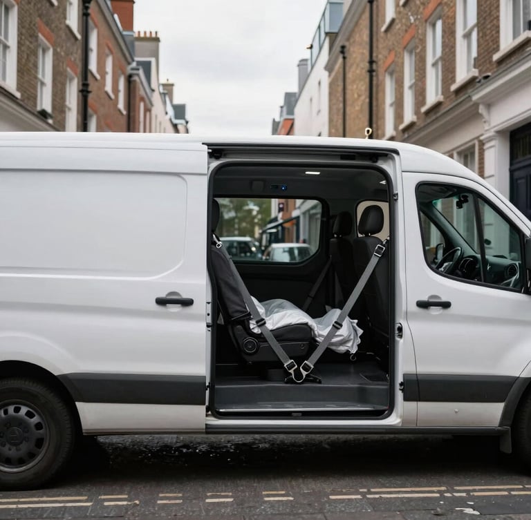 A modern clean transit van parked on a narrow Victorian street in London, bright overcast daylight, side door open showing heavy-duty straps and protective blankets inside.