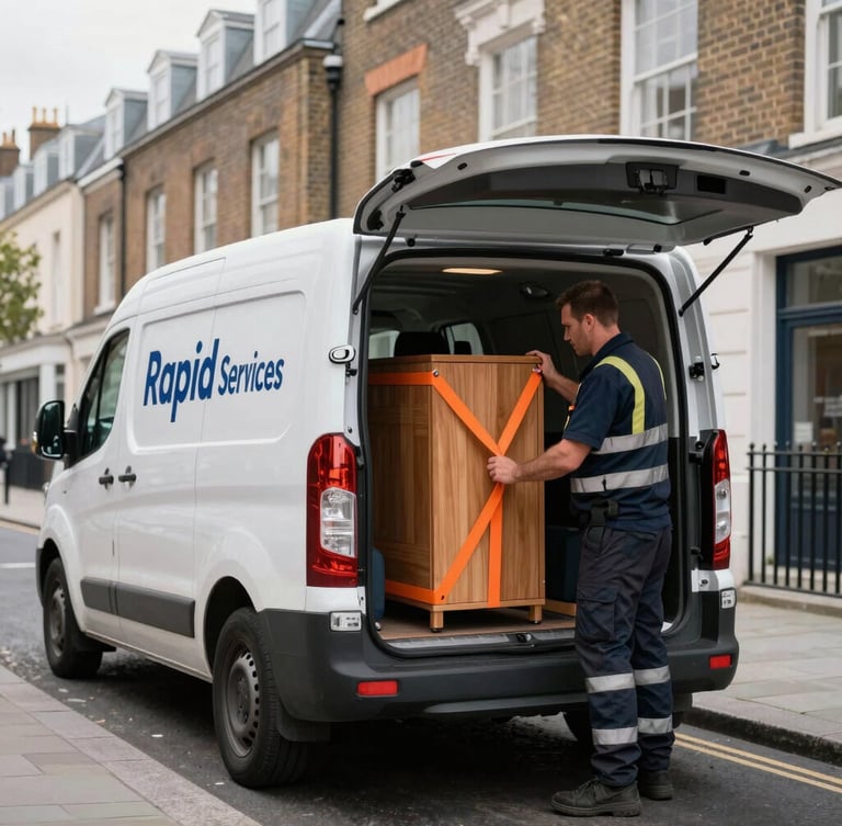 A clean, modern Luton van with Rapid Services branding parked on a classic London street. A uniformed removals specialist in safety gear is securing a wooden cabinet with heavy-duty orange straps inside the open cargo hold. Bright overcast London daylight.