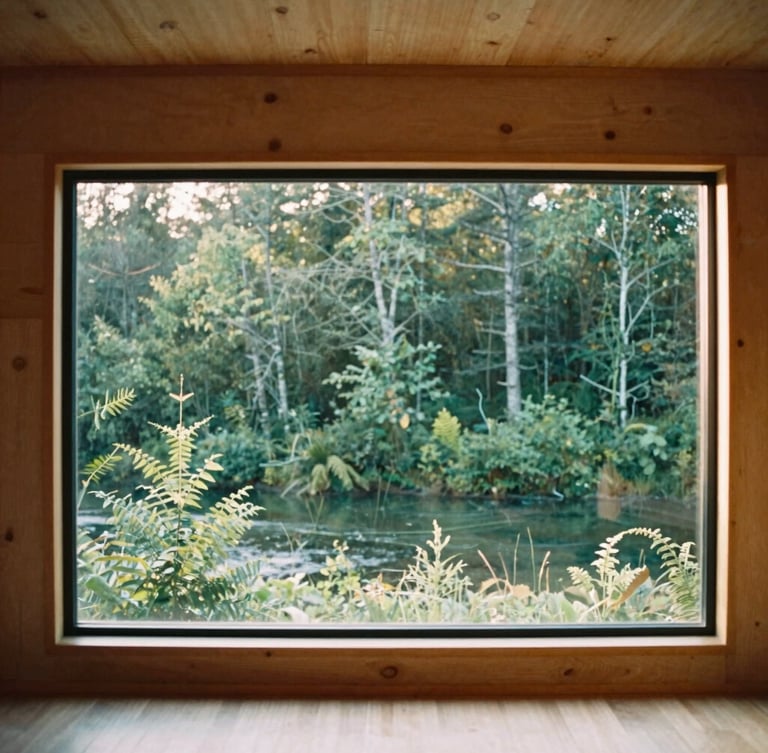 Portrait shot of a minimalist cabin interior, large windows overlooking a lush forest, natural wood and clean lines, soft morning light, 35mm film