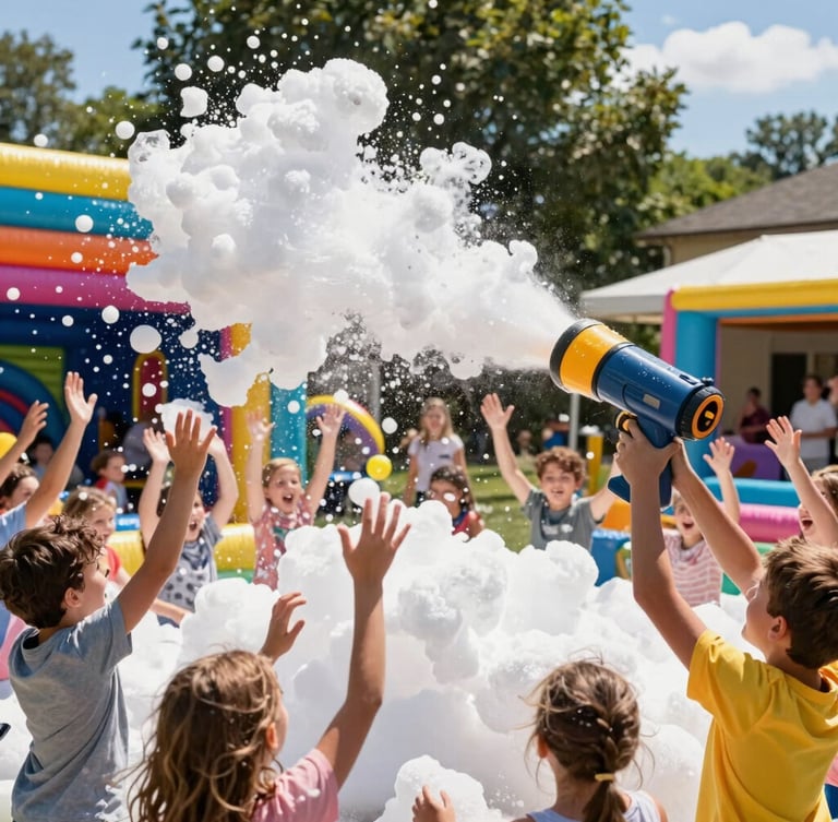 Action shot of a massive backyard foam party, a high-output foam cannon launching a mountain of clean white foam over excited kids raising their hands, bright summer sun