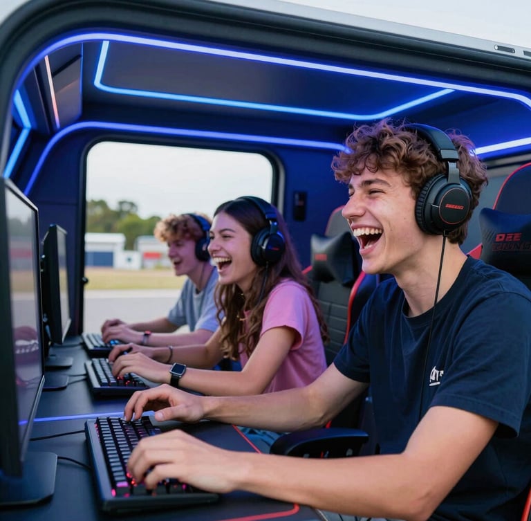 A close-up of excited teenagers laughing and playing video games inside a modern, neon-lit gaming truck, vibrant electric blue LED lights casting a glow on their faces
