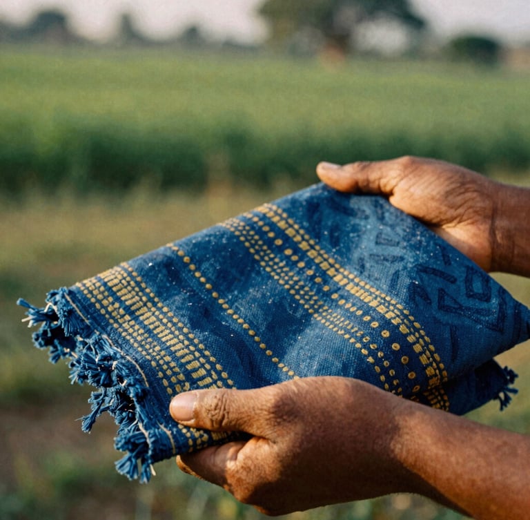 Close-up of hands holding a hand-woven indigo Yoruba textile, warm natural sunlight highlighting the rich blue and gold threads, detailed texture, 35mm film aesthetic