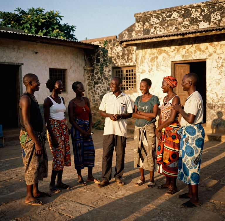A candid environmental portrait of a diverse group of travelers of African descent laughing with a local guide under the warm golden hour sun in a historic stone courtyard in Stone Town, Zanzibar. Rich natural sunlight, high contrast with deep shadows, showcasing vibrant local textiles and authentic architectural details. Warm editorial travel photography, 35mm film aesthetic.