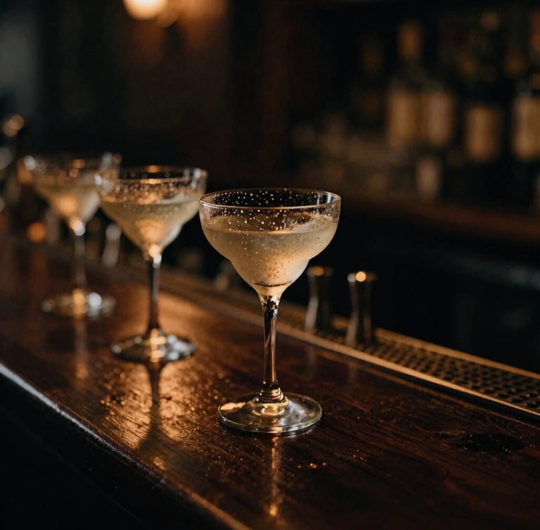 Moody low-key ambient lighting shot of condensation-beaded cocktail glasses on a dark bar counter, golden-hour bar glow, 35mm film grain