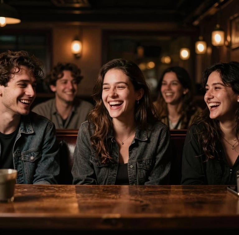 Candid mid-range shot of a happy group of friends laughing in a cozy leather booth under warm low-key ambient bar lighting, shallow depth of field