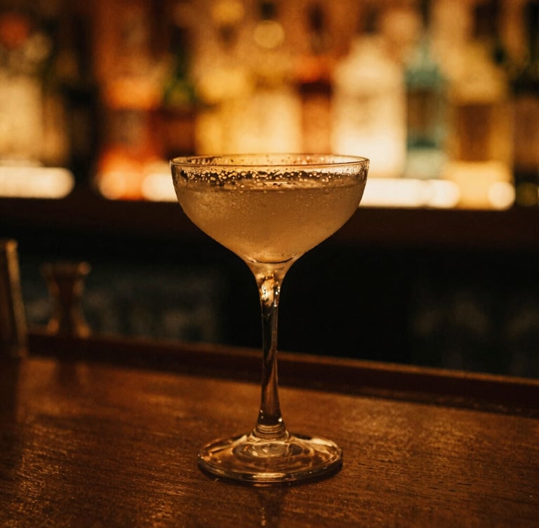 Tight macro shot of a condensation-beaded cocktail glass on a dark wood bar, warm amber lighting, golden neon glow in the background, 35mm film grain
